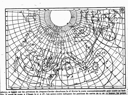 Carte météorologique tracée à bord du Jacques Cartier, le 01/03/1925. © Météo-France.