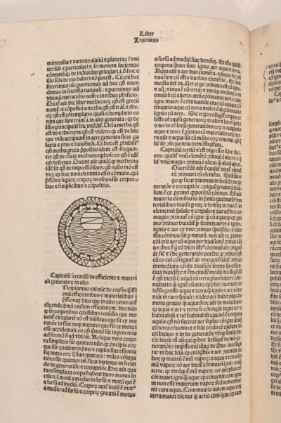 Les quatre éléments d'Aristote (eau, terre, air, feu) représentés dans Liber methaurum, commentaires des Météorologiques par Albert-le-Grand (1193-1280), ouvrage paru en 1488. © Météo-France.