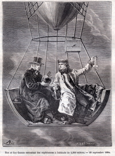 Biot et Gay Lussac exécutant des expériences à l'altitude de 4 000 mètres le 20 septembre 1804. Extrait de La Nature 1874, p. 328. © Météo-France.