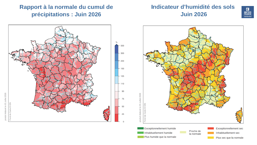 Cartes du bulletin de suivi hydrologique de juin 2026 © Météo-France