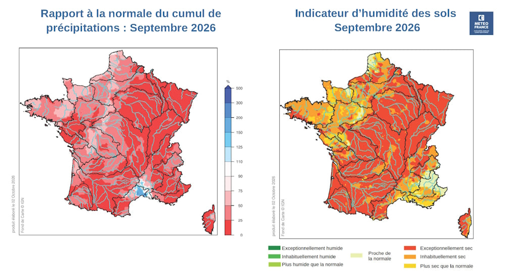 Cartes du bulletin de suivi hydrologique de septembre 2026 © Météo-France