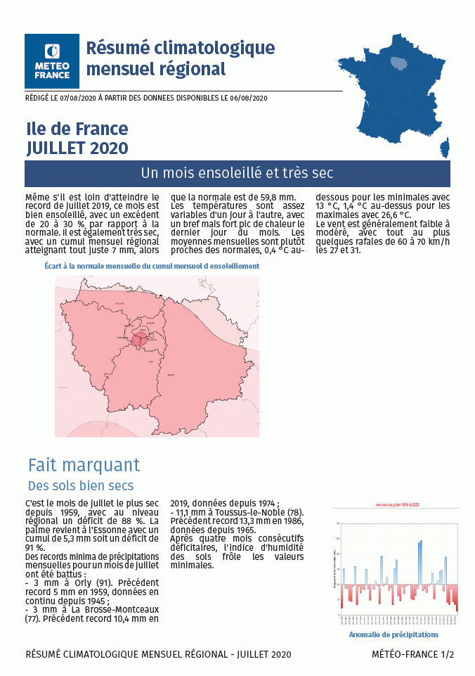 Exemple de Résumé climatologique mensuel régional. © Météo-France.