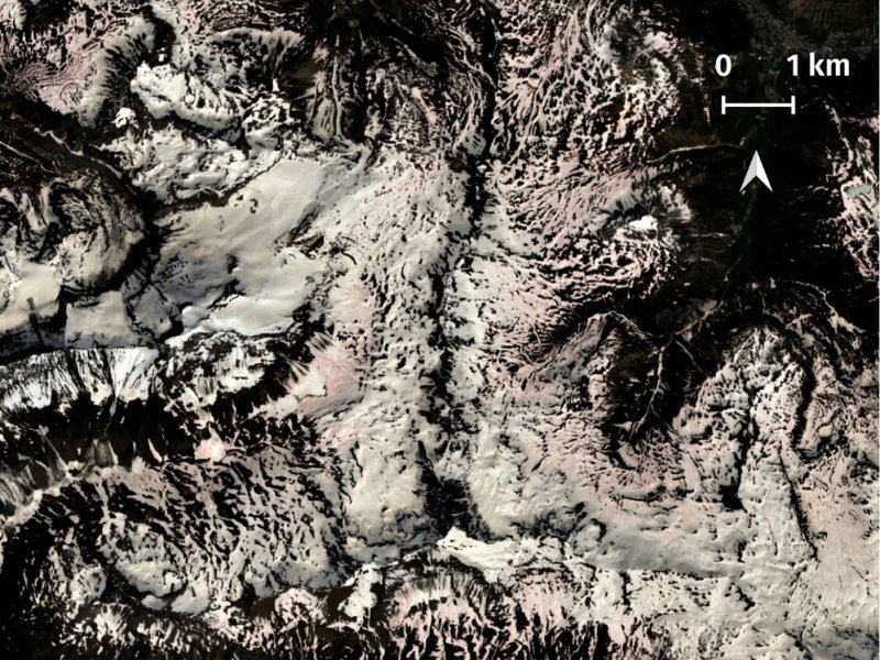 Neiges rouges visibles par Satellite. Image Sentinel-2 du 19/06/2018 dans le massif de la Vanoise, France. Source : theia.cnes.fr 
