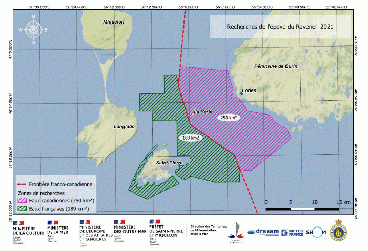 Zones de recherche de l'épave définies avec l'aide de Météo-France.